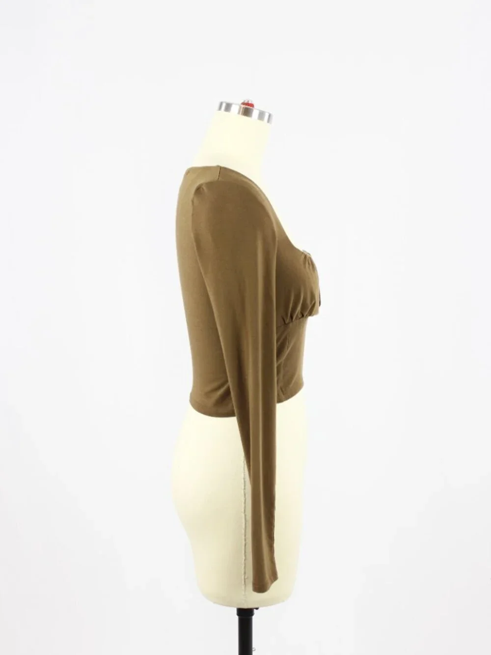 Aritzia WILFRED FREE Orbit Brown Jersey Ruched Long Sleeve Cropped Top, Size S - Picture 2 of 13